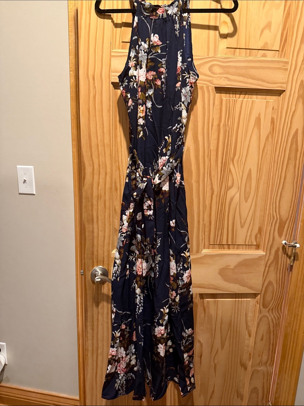 Navy Floral Halter Maxi Dress with Tie Waist